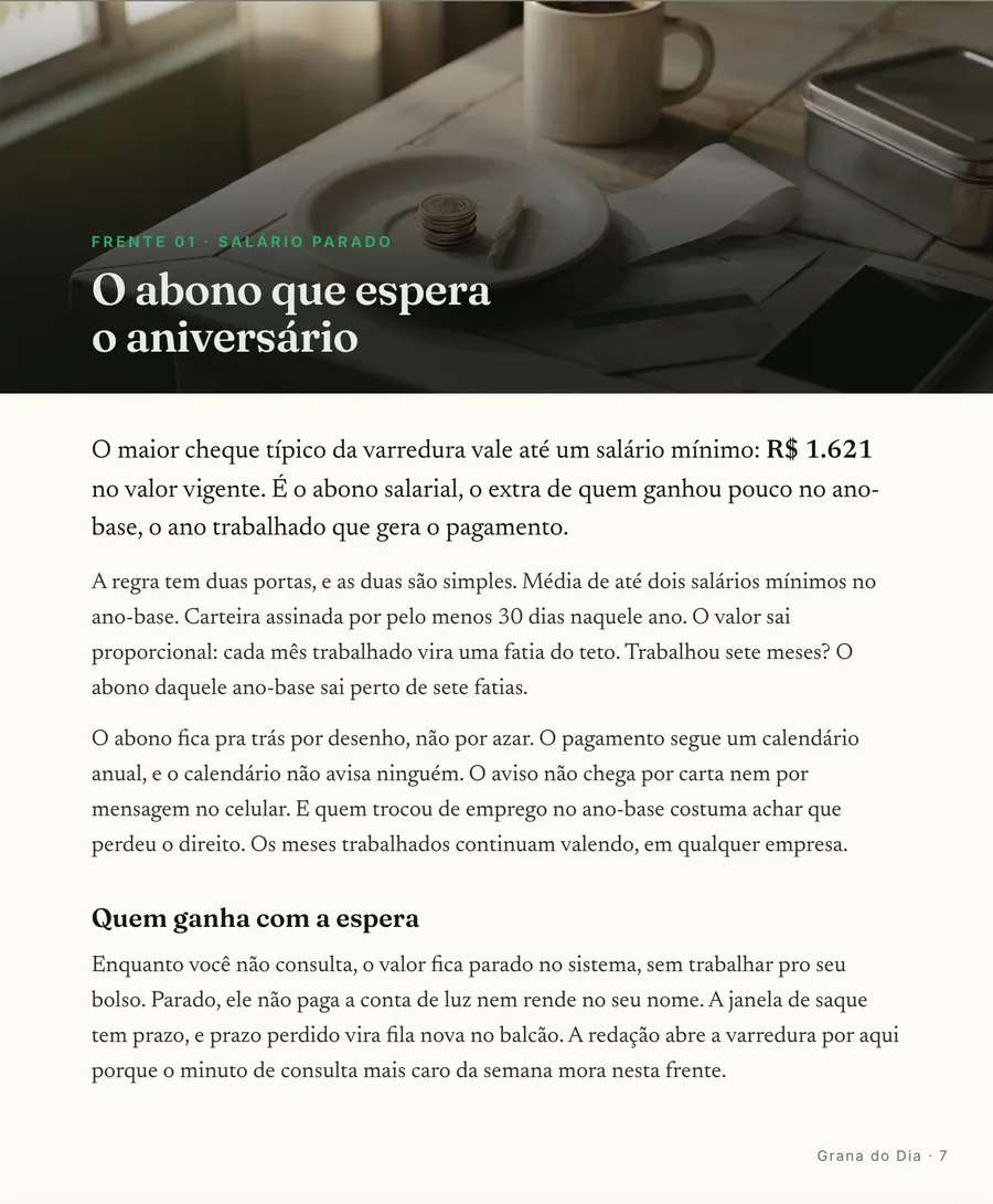 Abertura de frente: Cada frente abre em cena, do abono que espera o mês do aniversário ao papel esquecido na gaveta
