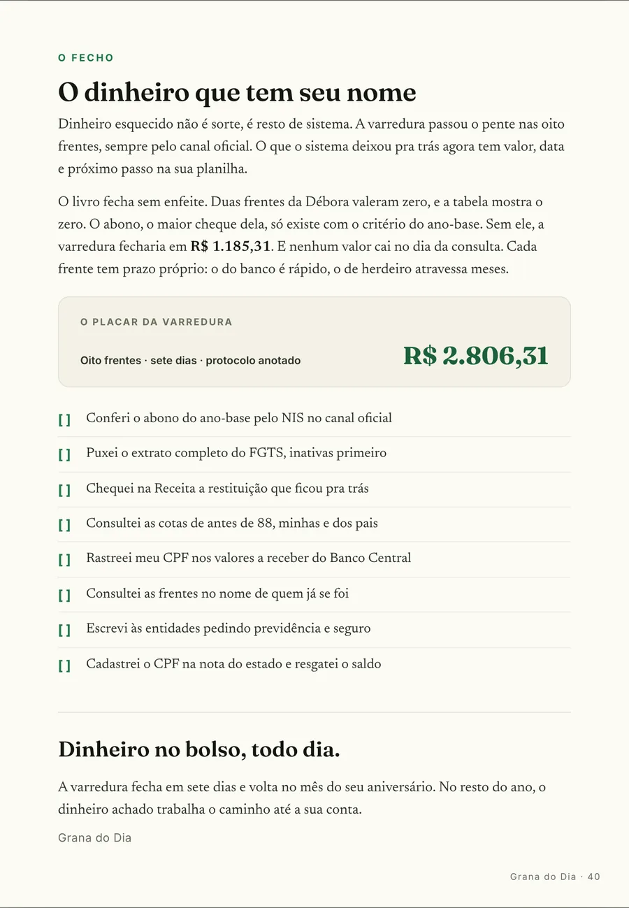 O fecho: O placar da Débora: R$ 2.806,31 achados em sete dias, com duas frentes fechando em zero e o zero na tabela